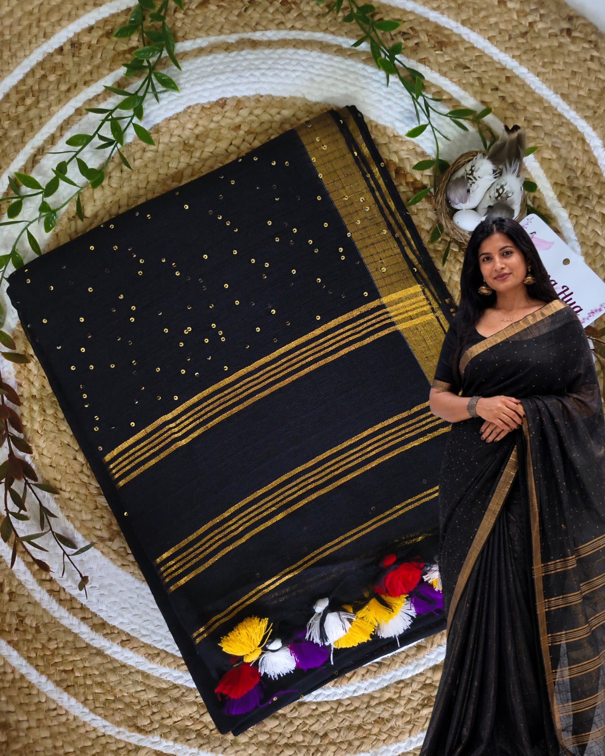120s Linen by Linen Saree with Hand Woven Sequins  - Black MammaHug