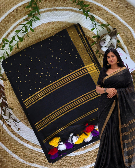 120s Linen by Linen Saree with Hand Woven Sequins  - Black MammaHug