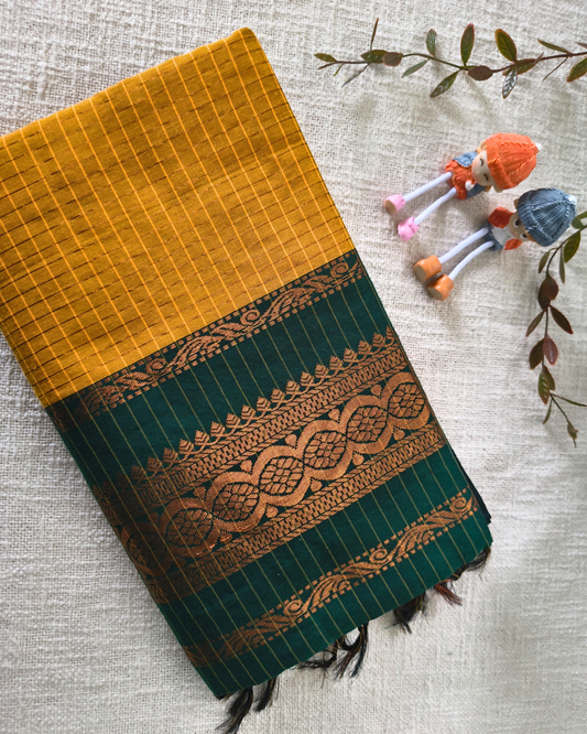 Premium Kalyani Cotton checked with Zari Border - Yellow