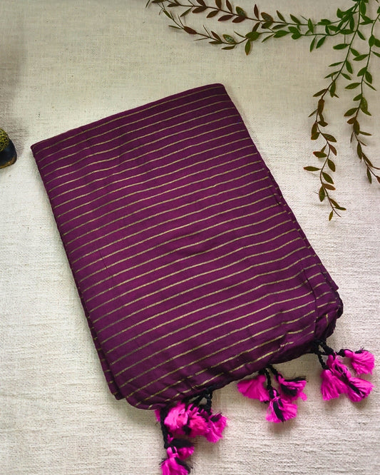 Khadi Cotton Handloom Saree with Zari Stripes - Dark Magenta