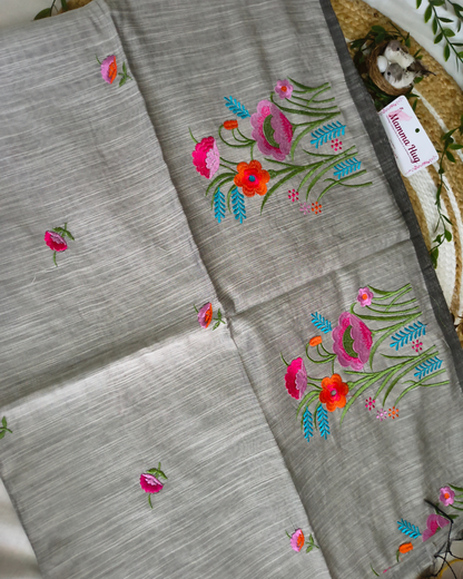 Floral Embroidery Handloom Saree - Slub Cotton (Grey)