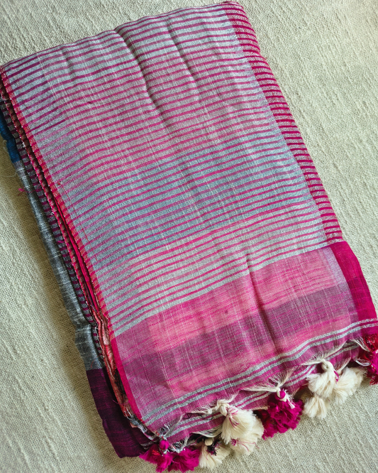 Pure Linen Cotton Handloom Saree Multicolor Checks - Blue & Pink