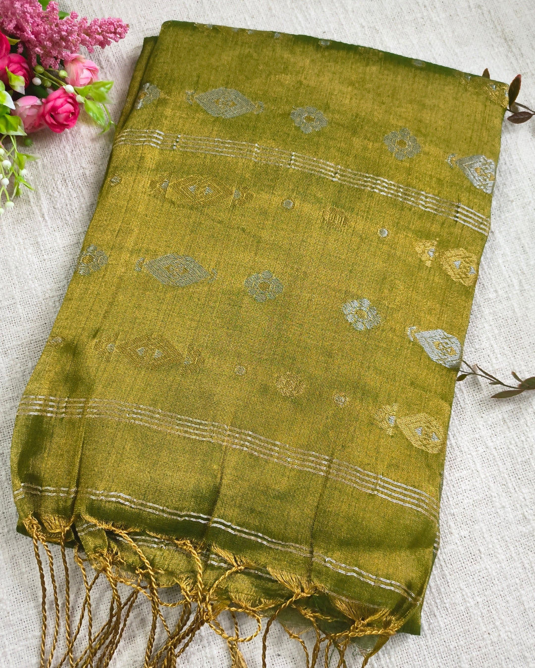 Soft Linen Tissue Saree with Golden Silver Zari weaving - Golden Olive
