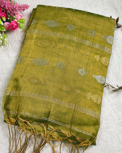 Soft Linen Tissue Saree with Golden Silver Zari weaving - Golden Olive
