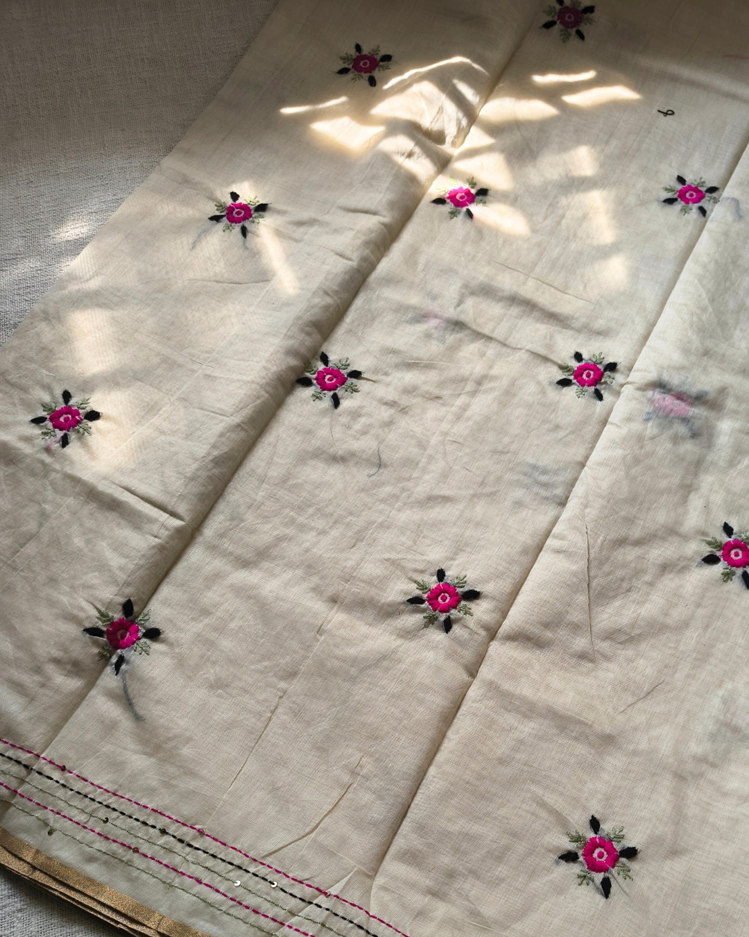 Chanderi silk cotton with kantha stitch floral design - Pink MammaHug