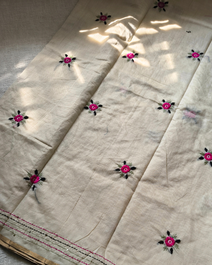 Chanderi silk cotton with kantha stitch floral design - Pink MammaHug