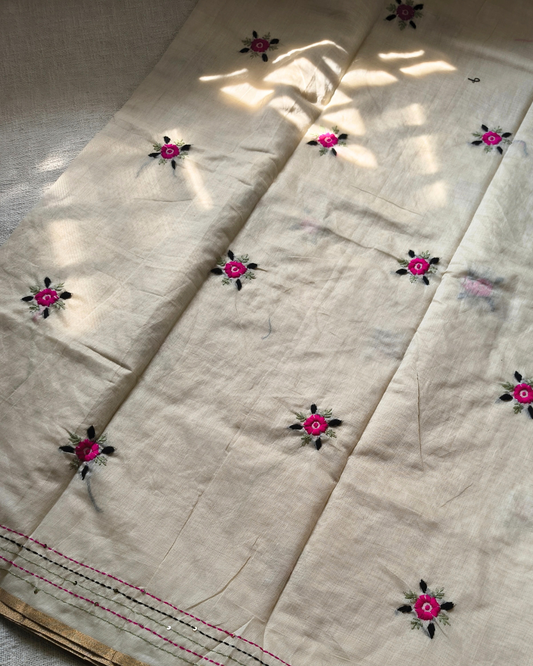 Chanderi silk cotton with kantha stitch floral design - Pink MammaHug