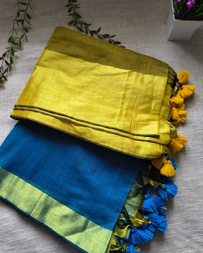 Pure Cottom Handloom Saree with Golden Border - Blue
