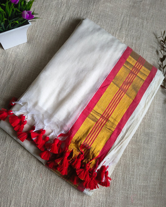 Onam Sarees - 120 tc Mul Cotton Handloom Saree - White & Red
