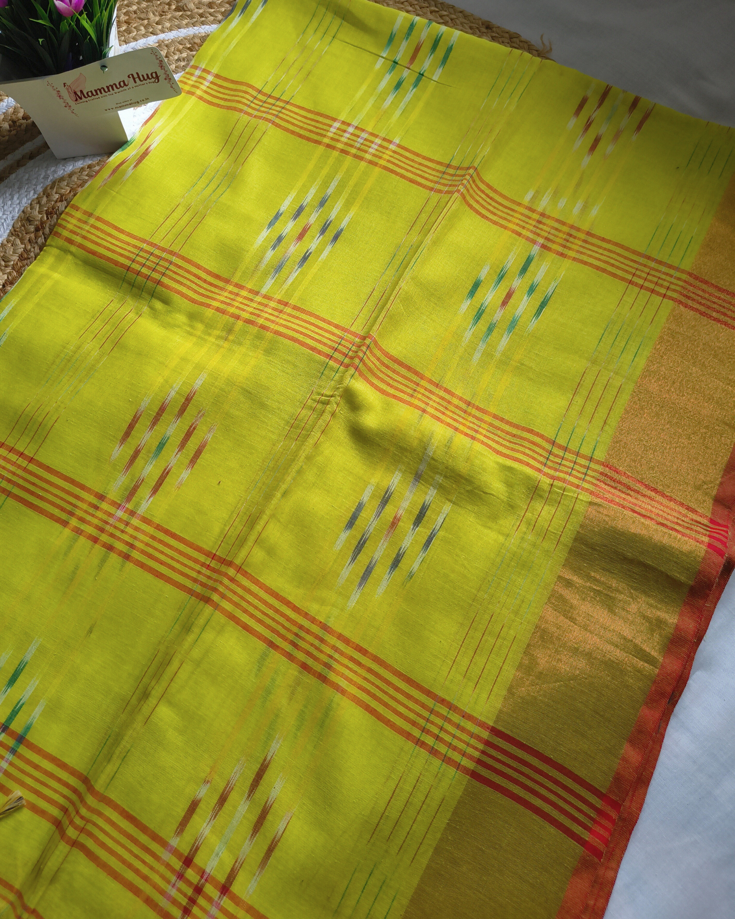 Pure Cotton Handloom Saree with Ikkat Design - Parrot Green