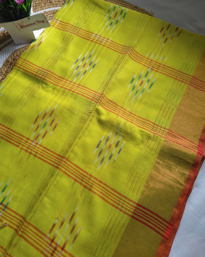 Pure Cotton Handloom Saree with Ikkat Design - Parrot Green