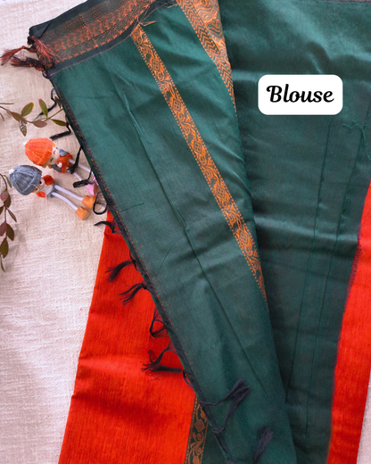 Premium Kalyani Cotton Plain Saree with Zari Border - Orange