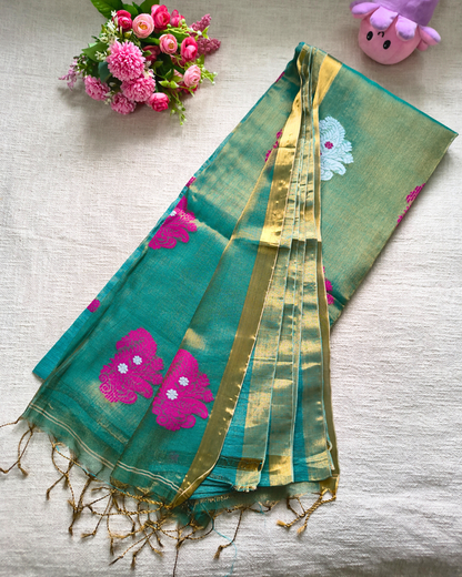 Handloom Tissue Linen with Jamdhani Weaving Buttas - Turquoise