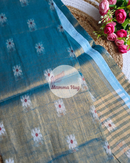 Handloom Cotton Tissue Saree with Machine Embroidery Design - Sea Blue