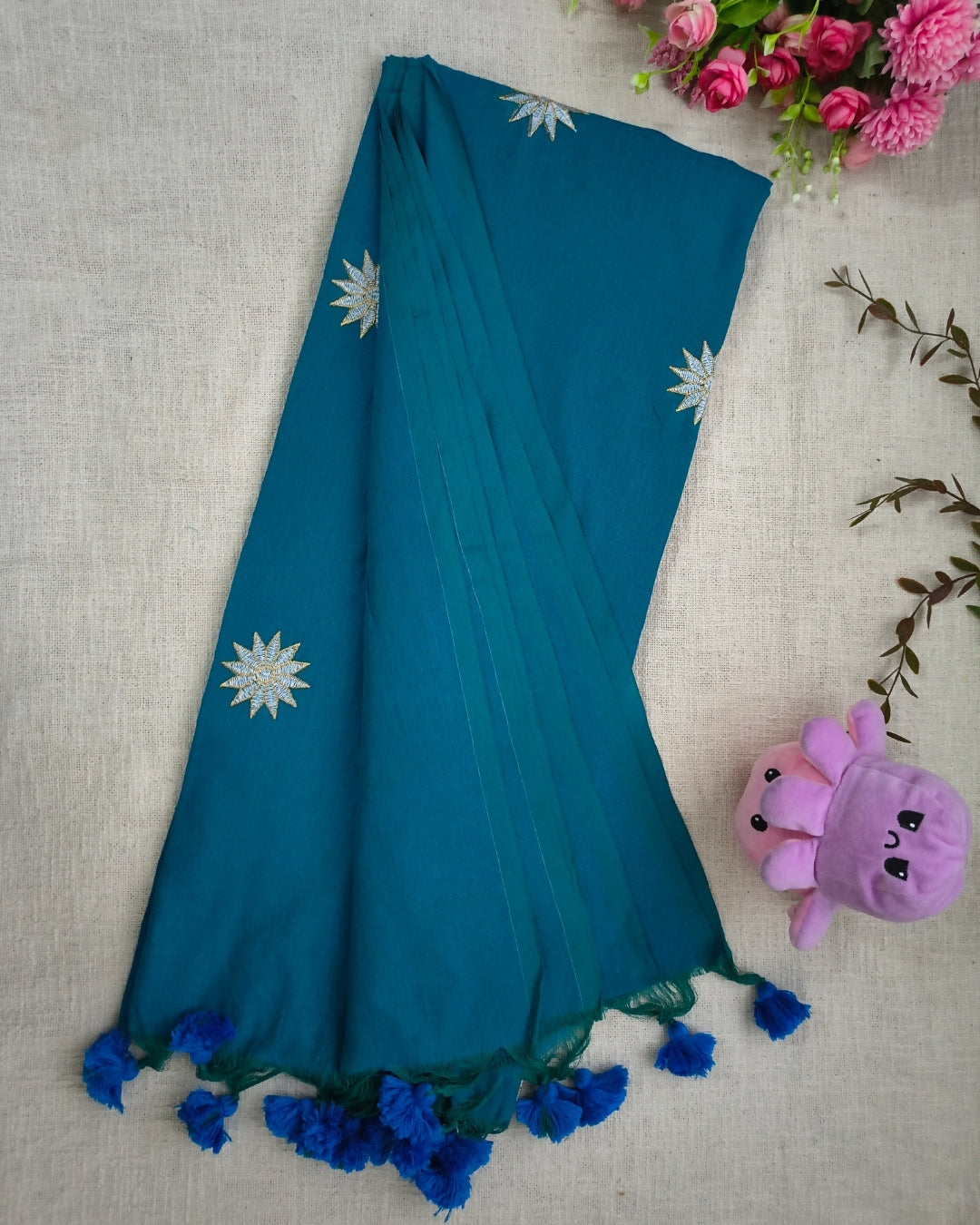 Khadi Cotton Handloom Saree Star Embroidery - Peacock Blue