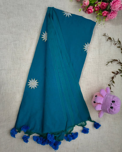 Khadi Cotton Handloom Saree Star Embroidery - Peacock Blue