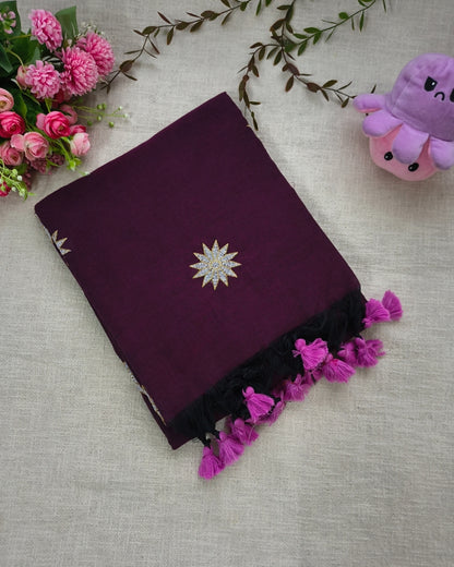 Khadi Cotton Handloom Saree Star Embroidery - Dark Magenta