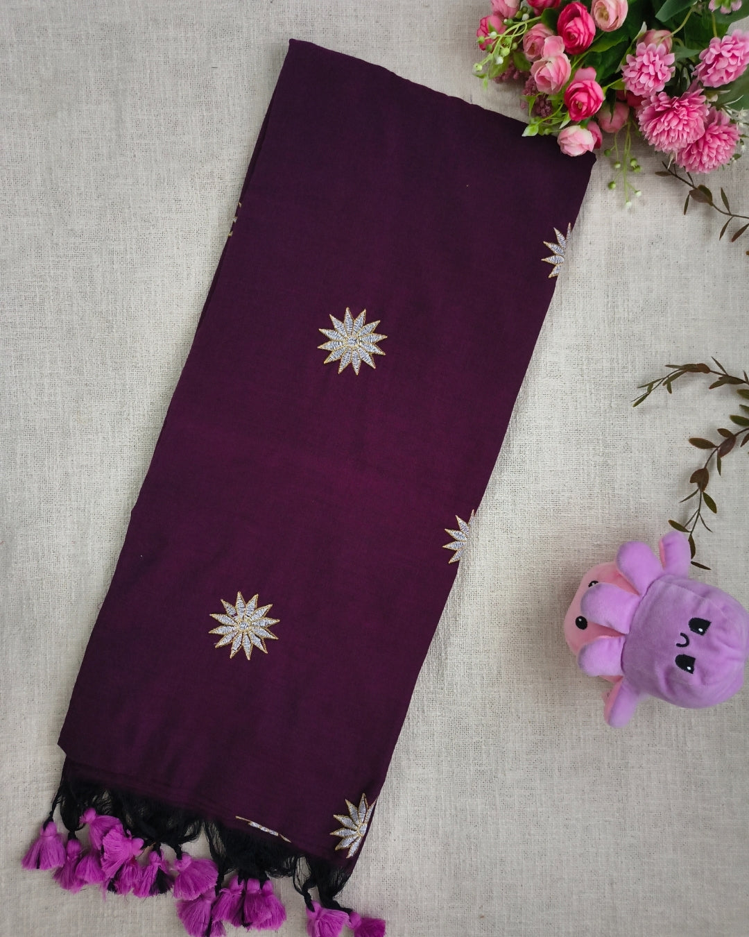 Khadi Cotton Handloom Saree Star Embroidery - Dark Magenta