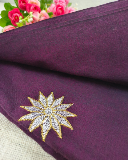 Khadi Cotton Handloom Saree Star Embroidery - Dark Magenta