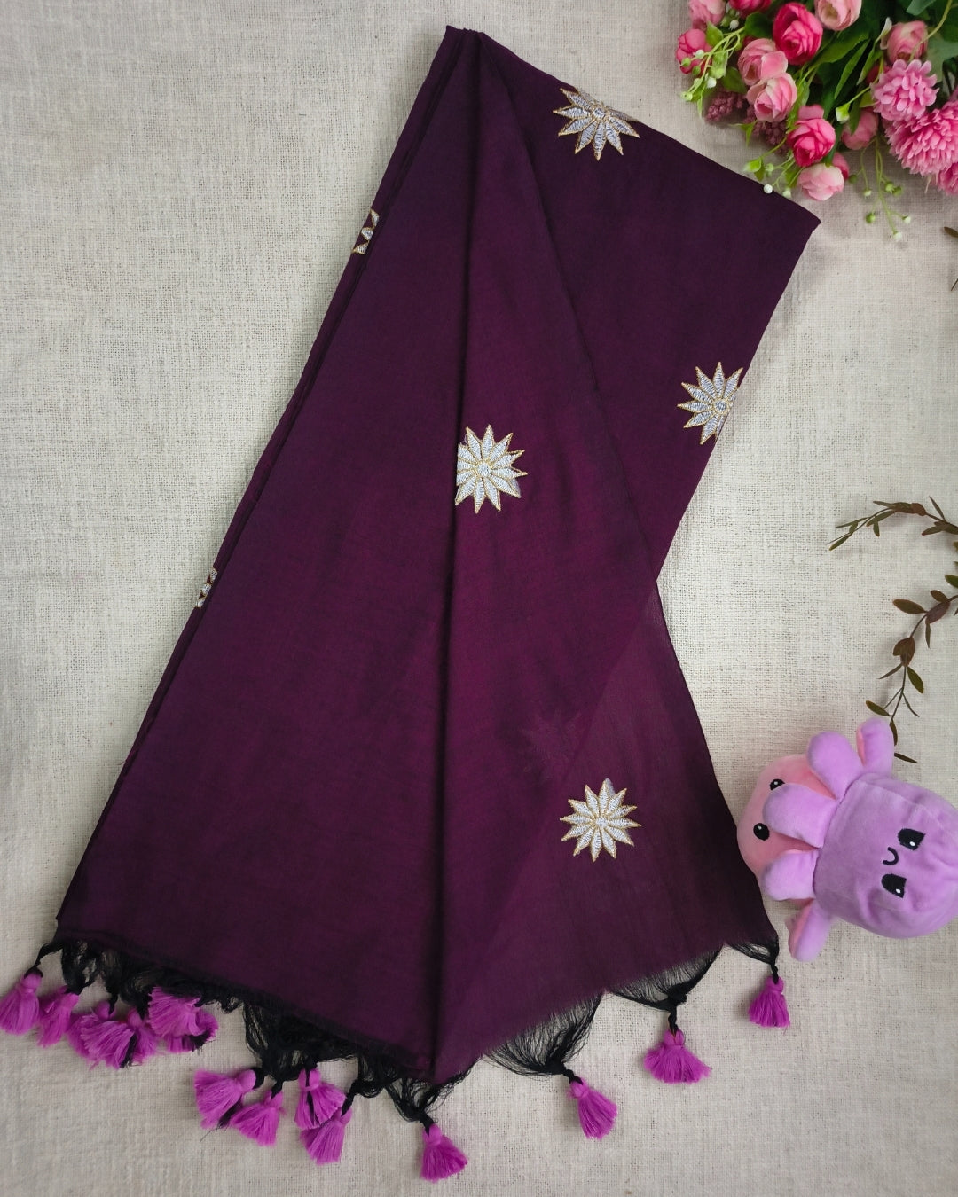 Khadi Cotton Handloom Saree Star Embroidery - Dark Magenta