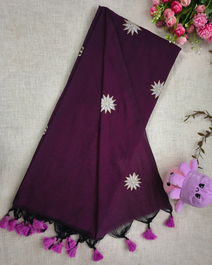 Khadi Cotton Handloom Saree Star Embroidery - Dark Magenta
