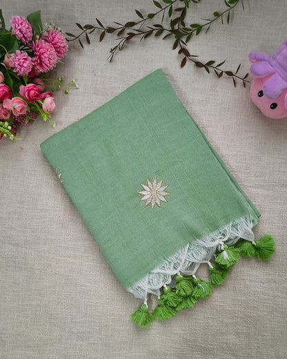 Khadi Cotton Handloom Saree Star Embroidery - Light Green