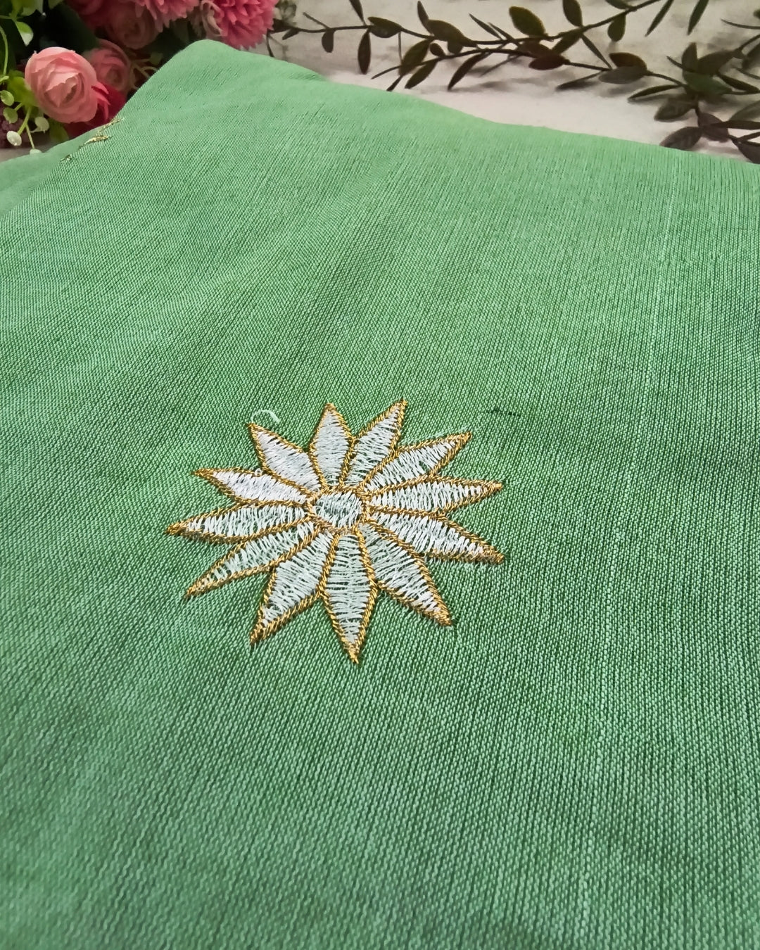Khadi Cotton Handloom Saree Star Embroidery - Light Green