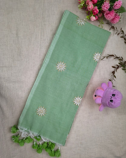 Khadi Cotton Handloom Saree Star Embroidery - Light Green