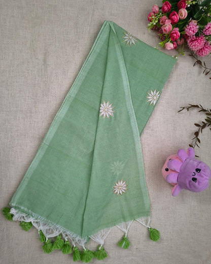 Khadi Cotton Handloom Saree Star Embroidery - Light Green