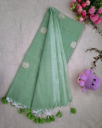 Khadi Cotton Handloom Saree Star Embroidery - Light Green
