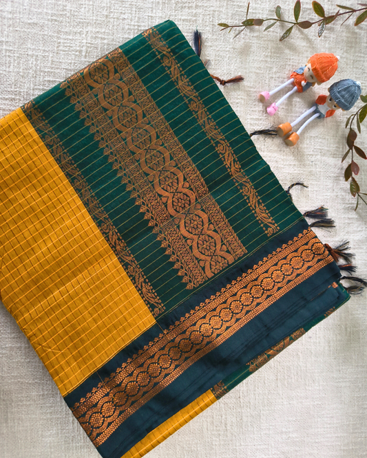 Premium Kalyani Cotton checked with Zari Border - Yellow