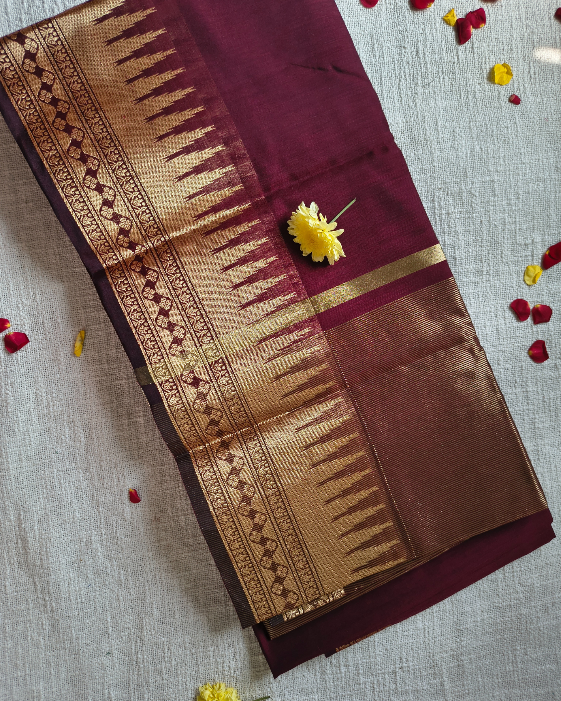 Maheshwari Silk Cotton Saree with Golden Temple Border– Classic Maroon MammaHug