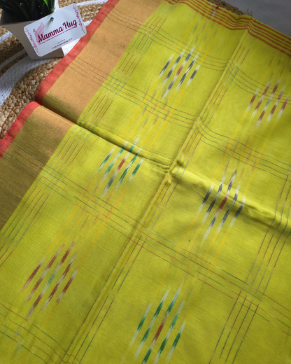 Pure Cotton Handloom Saree with Ikkat Design - Parrot Green