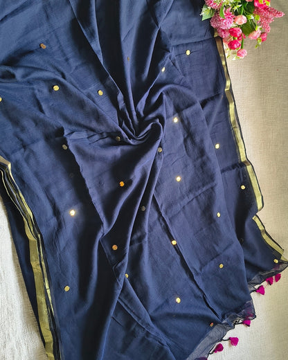 Mul Cotton Handloom Saree with Coin Design - Navi Blue MammaHug