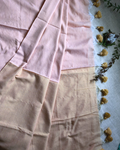 Pure Cottom Handloom Saree with Gold Zari weaving in Half & Half Pattern - Sandal