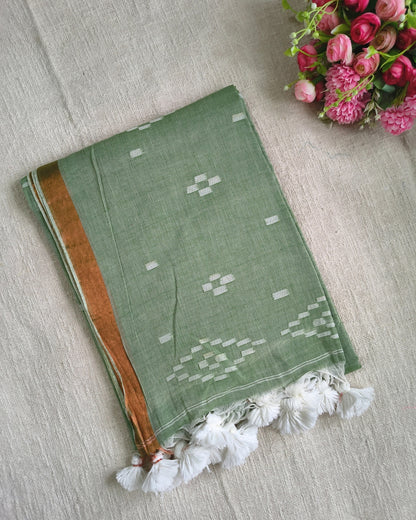 Pure Cottom Handloom Saree - Small Copper Border - Pastel Green