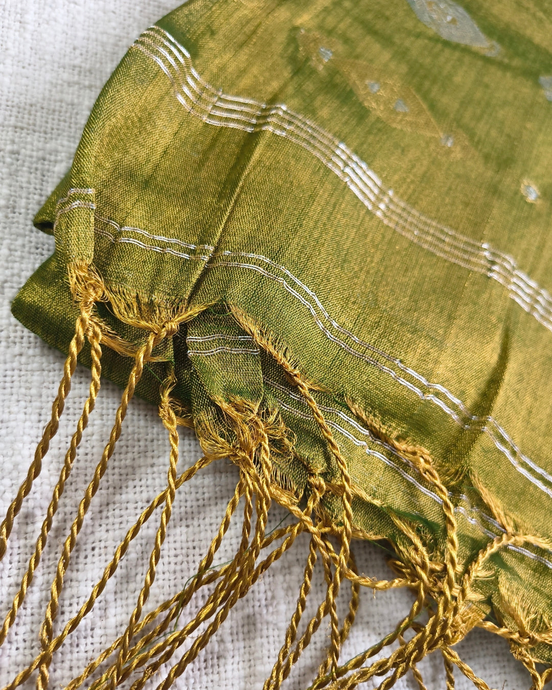 Soft Linen Tissue Saree with Golden Silver Zari weaving - Golden Olive