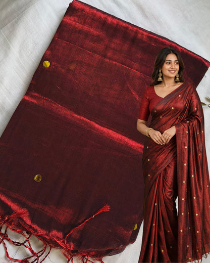 Pure Khadi Tissue Saree with Coin design - Dark Red MammaHug