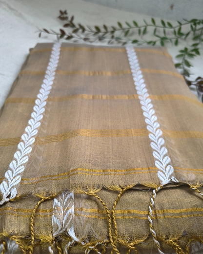 Soft Linen Tissue Saree with Golden Zari weaving - Golden