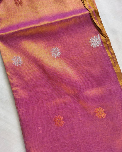 Soft Linen Tissue Saree with Hand Woven Buttas - Onion Pink MammaHug
