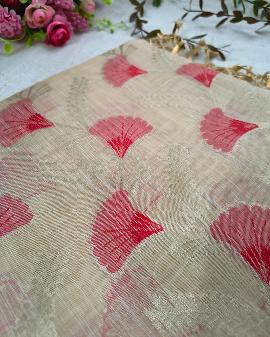 Semi Silk Saree with floral deisgn - Beige & Red