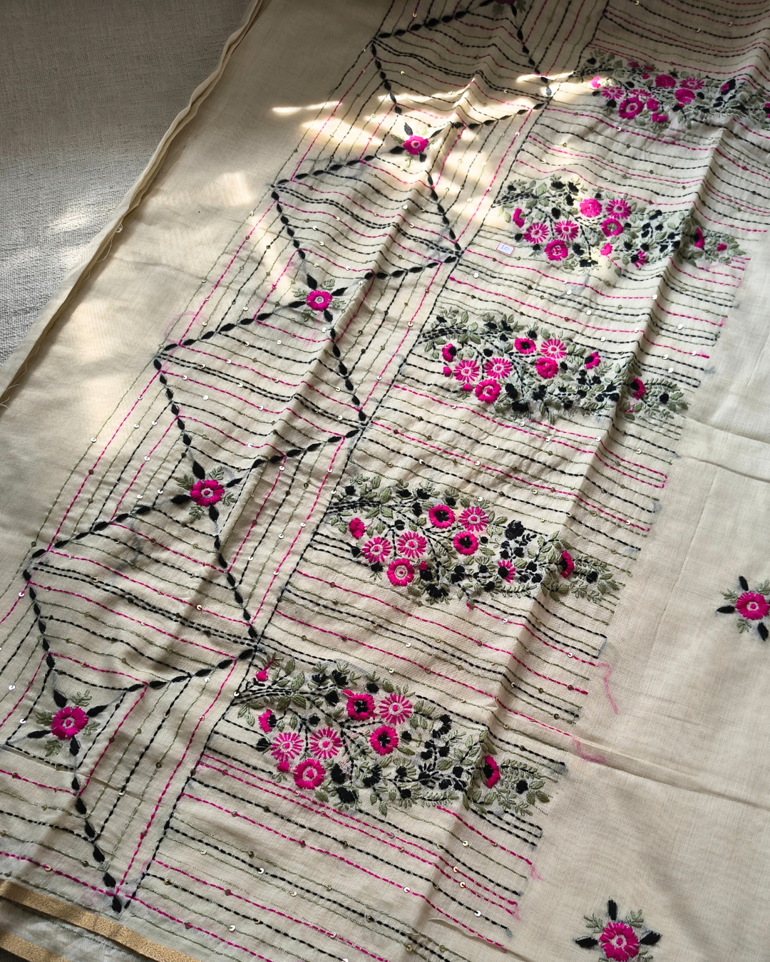 Chanderi silk cotton with kantha stitch floral design - Pink MammaHug