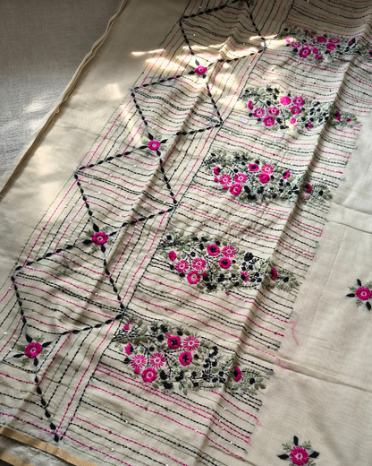 Chanderi silk cotton with kantha stitch floral design - Pink MammaHug