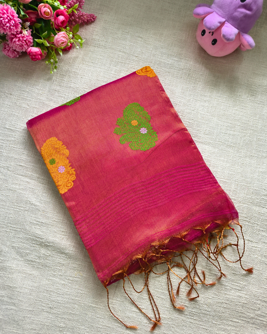 Handloom Tissue Linen with Jamdhani Weaving Buttas - Crimson