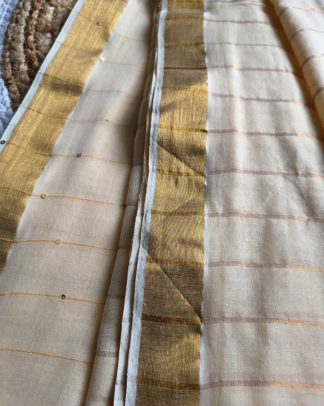 Handloom Mul Cotton Saree with Golden Stripes, Border and Sequence in Pallu - Sandal