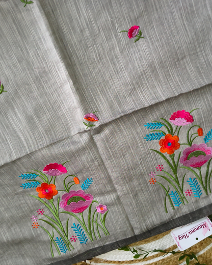 Floral Embroidery Handloom Saree - Slub Cotton (Grey)