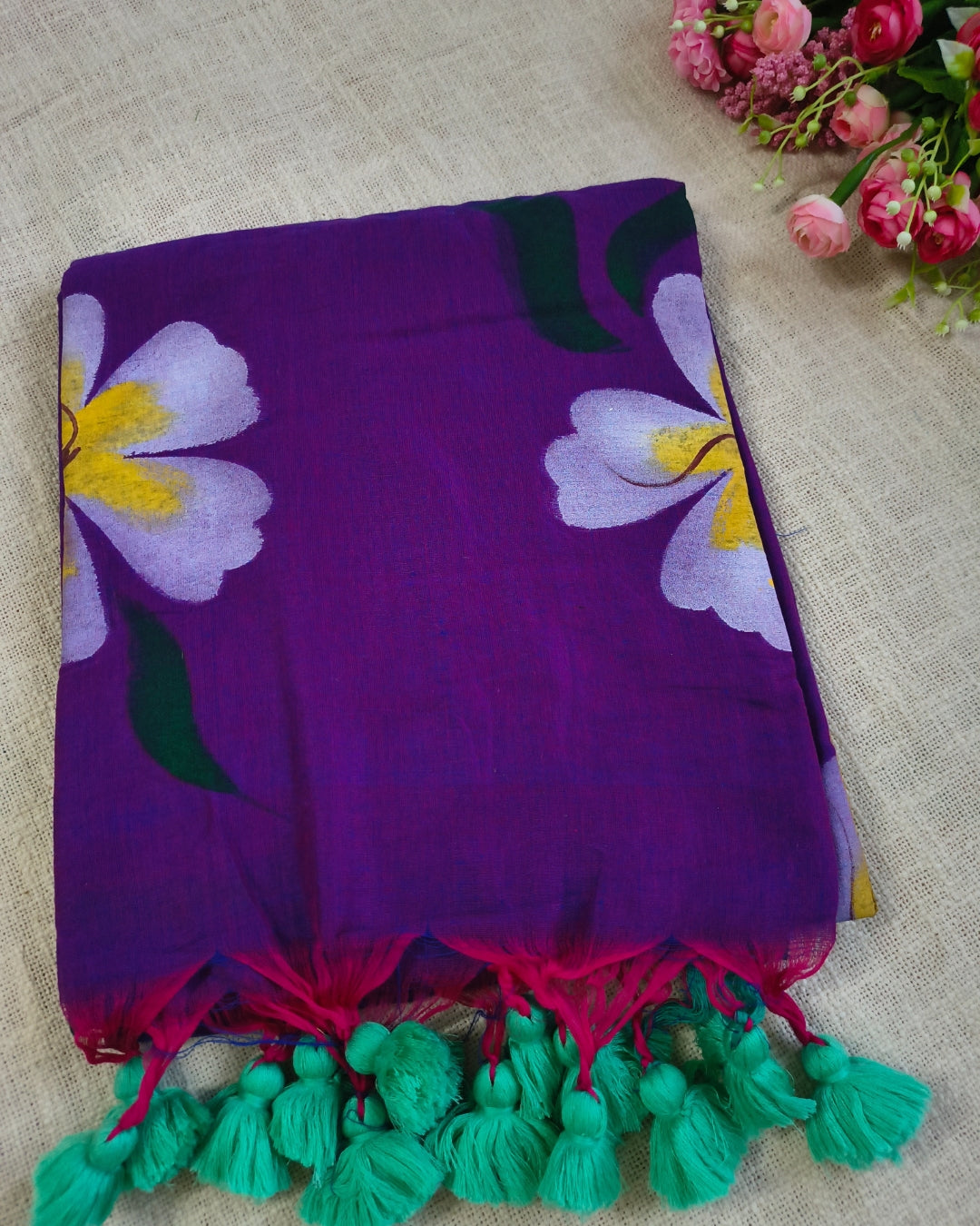 Soft Cotton Handloom Saree with Hand-Painted Floral Design - Dark Purple