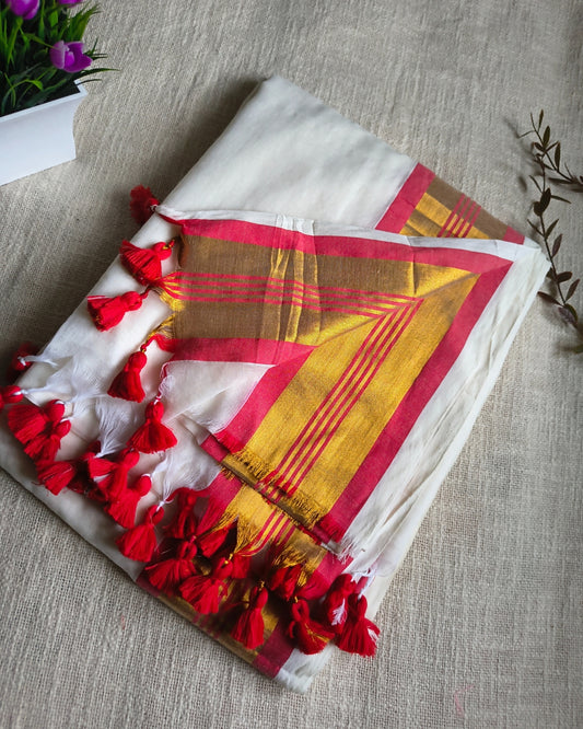 Onam Sarees - 120 tc Mul Cotton Handloom Saree - White & Red