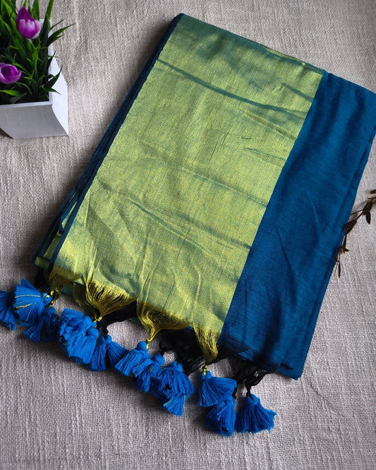 Pure Cottom Handloom Saree with Golden Border - Blue
