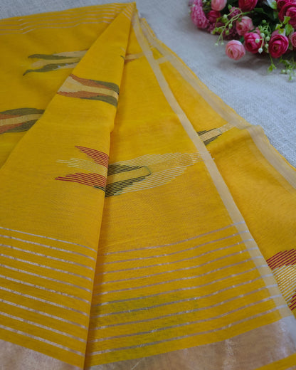 Cotton Silk Handloom Saree Woven with Silver Zari - Mango Yellow